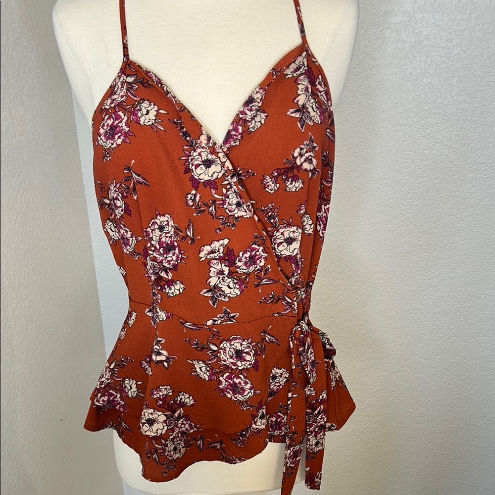 Floral Wrap Top - Rust and Cream Blouse Size Large - Picture 5 of 11